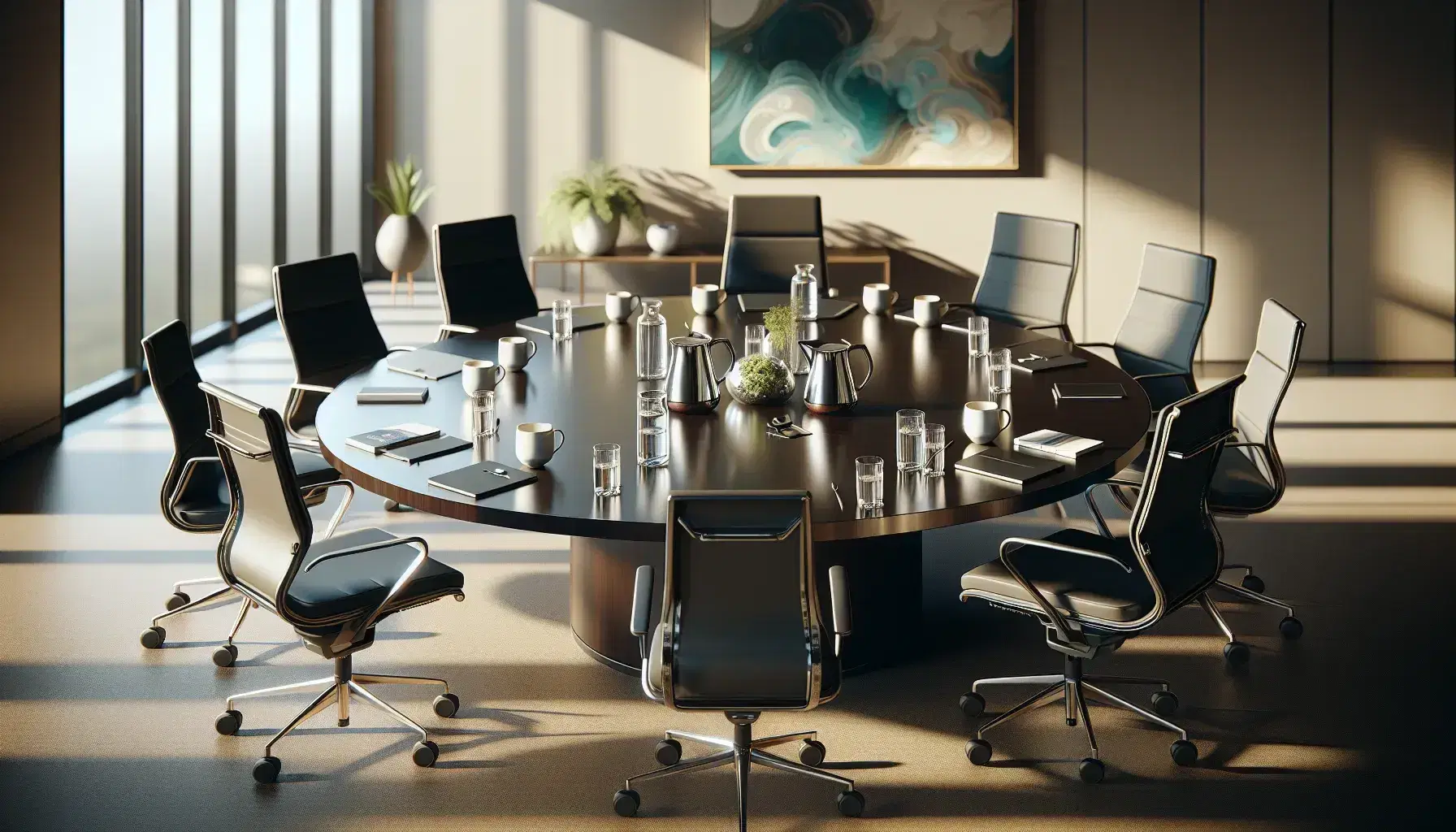 Round conference table with ergonomic chairs, laptops, a water pitcher with glasses, coffee mugs, and a plant, in a bright room with abstract art.