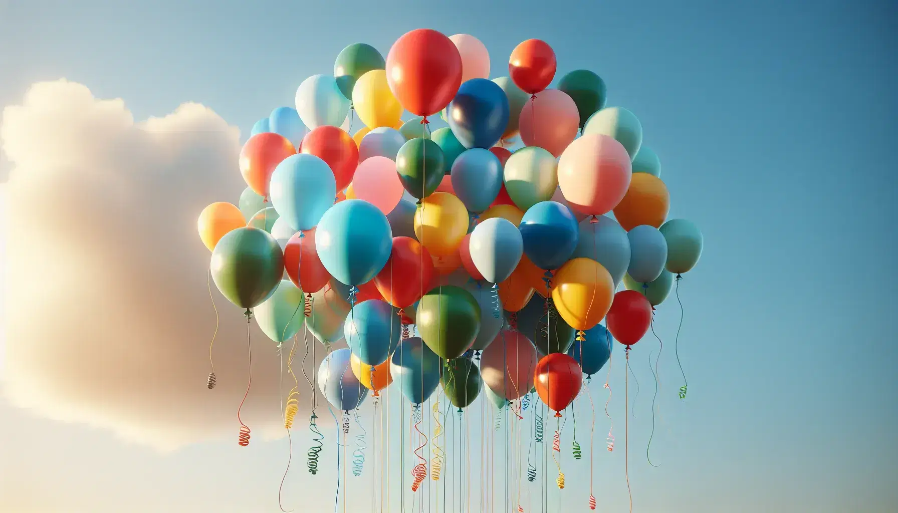 Globos coloridos flotando en un cielo azul claro sin nubes, iluminados por el sol que resalta su brillo y crea profundidad en la escena.