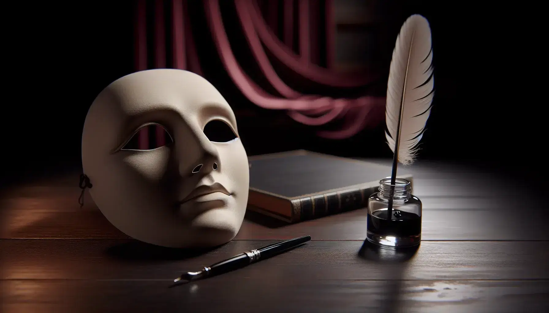 Maschera teatrale classica bianca su tavolo scuro con penna d'oca e calamaio, sfondo di tenda di velluto rosso in teatro.