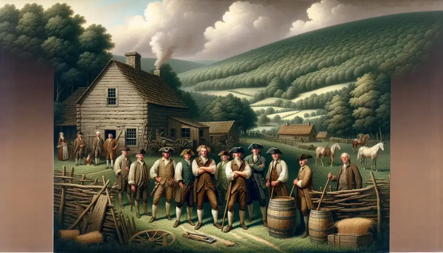 18th-century American frontier scene with stern-faced men in period attire, a log cabin, and a farm set against rolling hills and overcast skies, evoking the Whiskey Rebellion era.