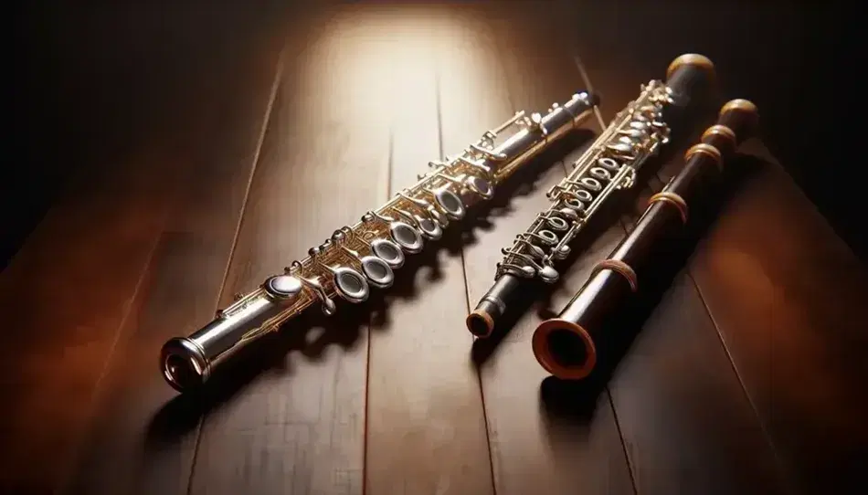 Flauto traverso argentato e oboe in legno scuro con chiavi dorate giacciono paralleli su un tavolo, riflettendo una luce calda.
