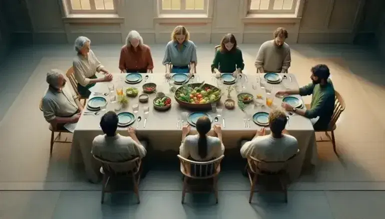 Grupo de seis personas de diversas edades conversando alrededor de una mesa con mantel crema, platos blancos y ensalada colorida, en un ambiente hogareño iluminado naturalmente.