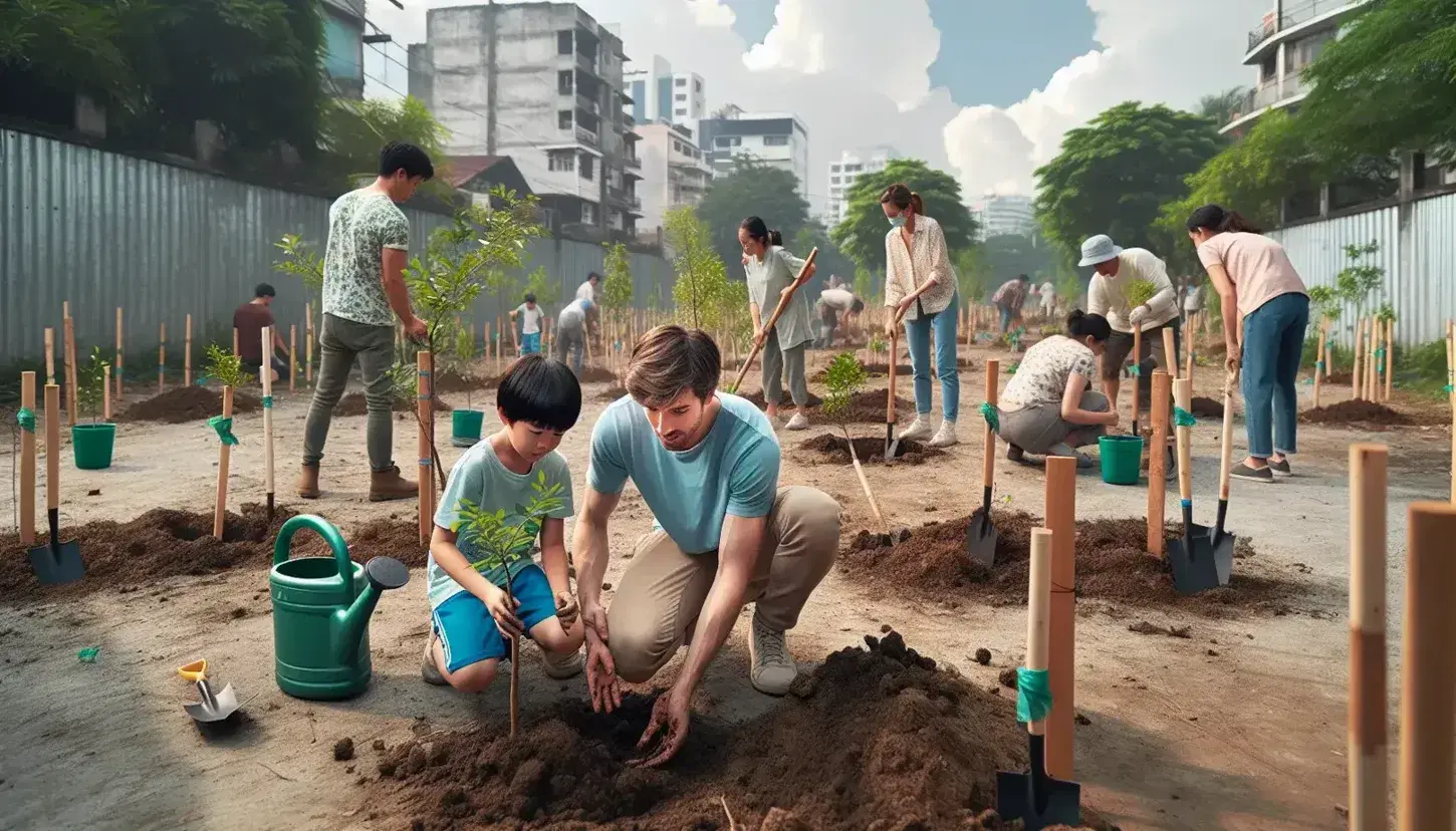 Grupo de personas participando en actividad de reforestación urbana, plantando árboles jóvenes en un parque, con edificios al fondo y cielo parcialmente nublado.