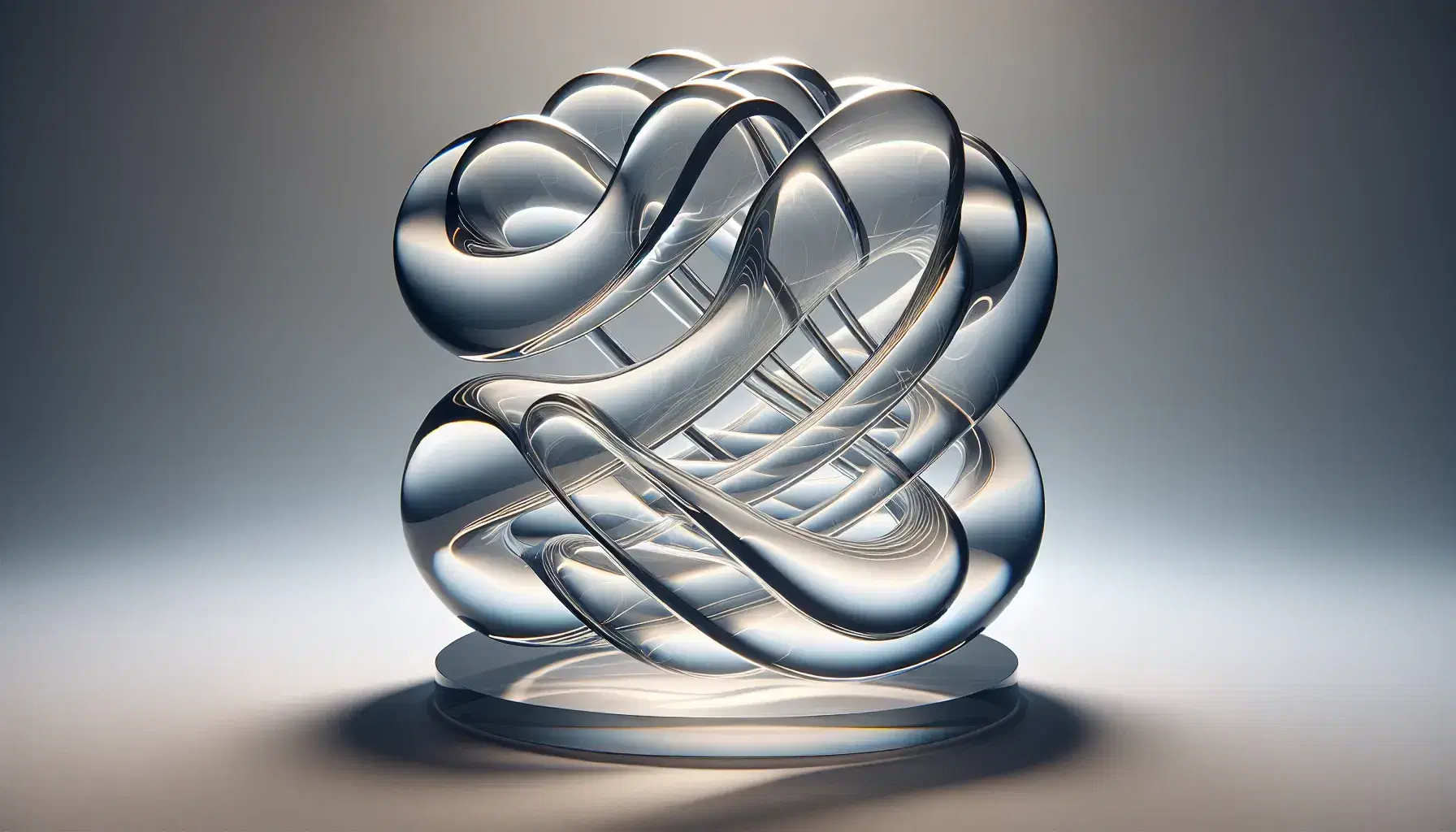 Transparent glass sculpture with intricate, interconnected curves on a white surface against a light gray background, showcasing refraction and light play.