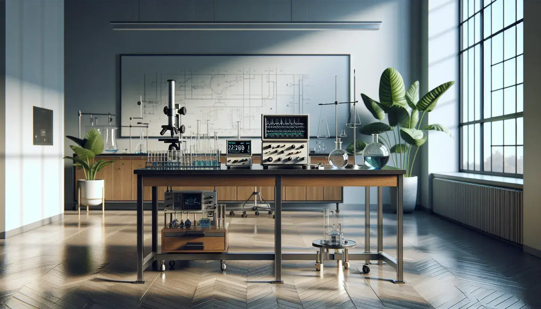 Well-organized laboratory with an oscilloscope, glass flasks, precision weights, a digital microscope, and a potted plant, bathed in natural light.