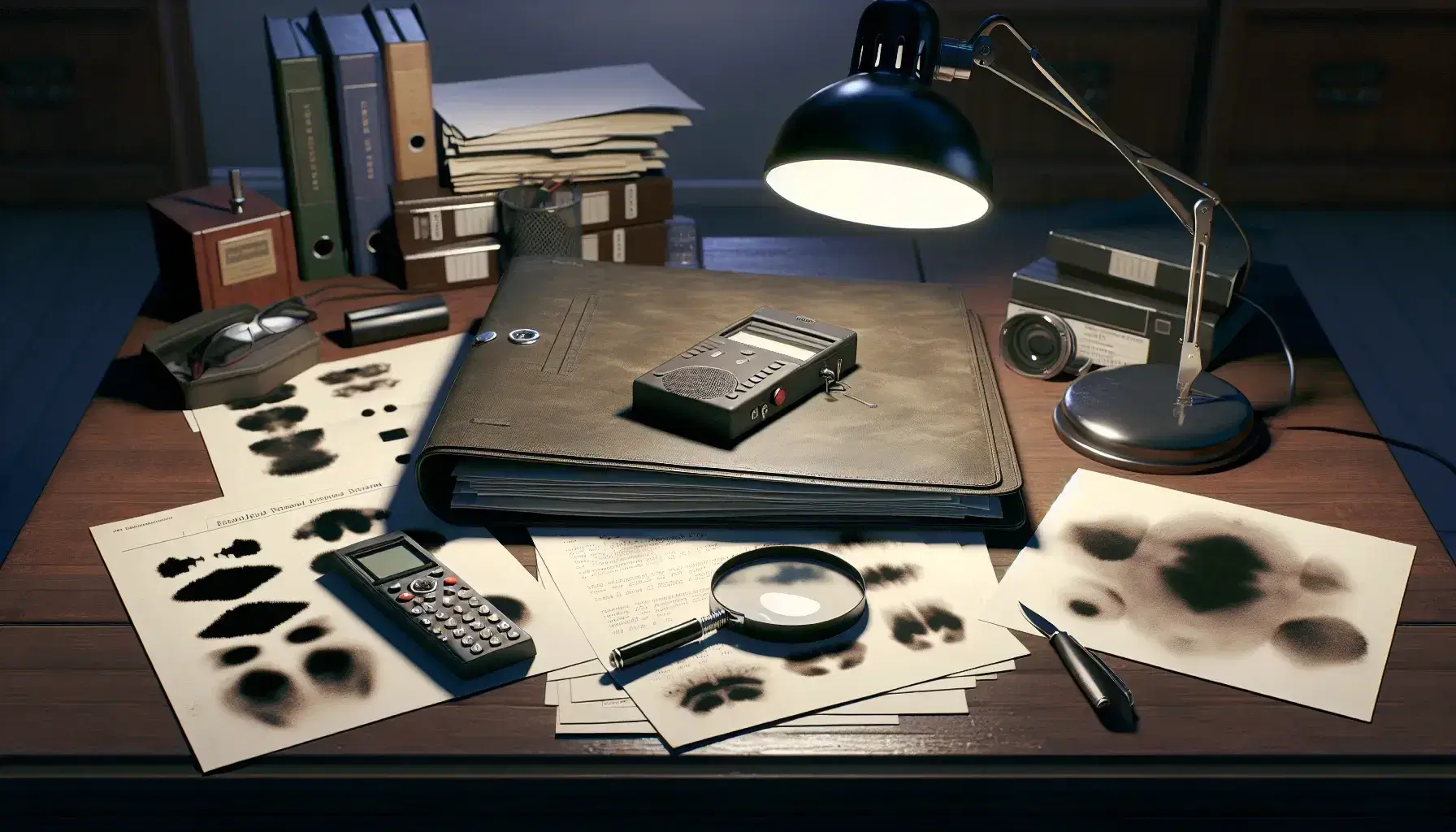 Messy desk with forensic psychological evaluation tools, turned on recorder, magnifying glass and papers with ink stains under lamp light.