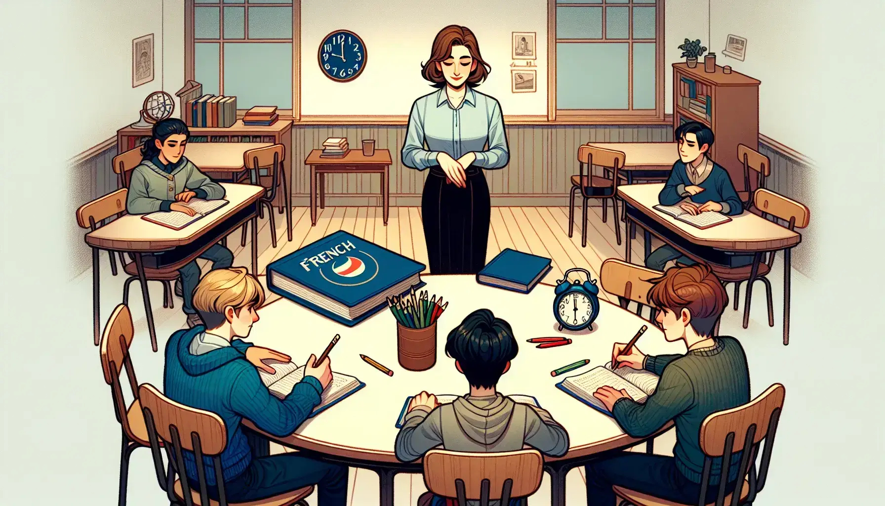 French language classroom scene with a teacher gesturing to attentive students, a textbook, pencils, and a clock on the table, in a well-lit setting.