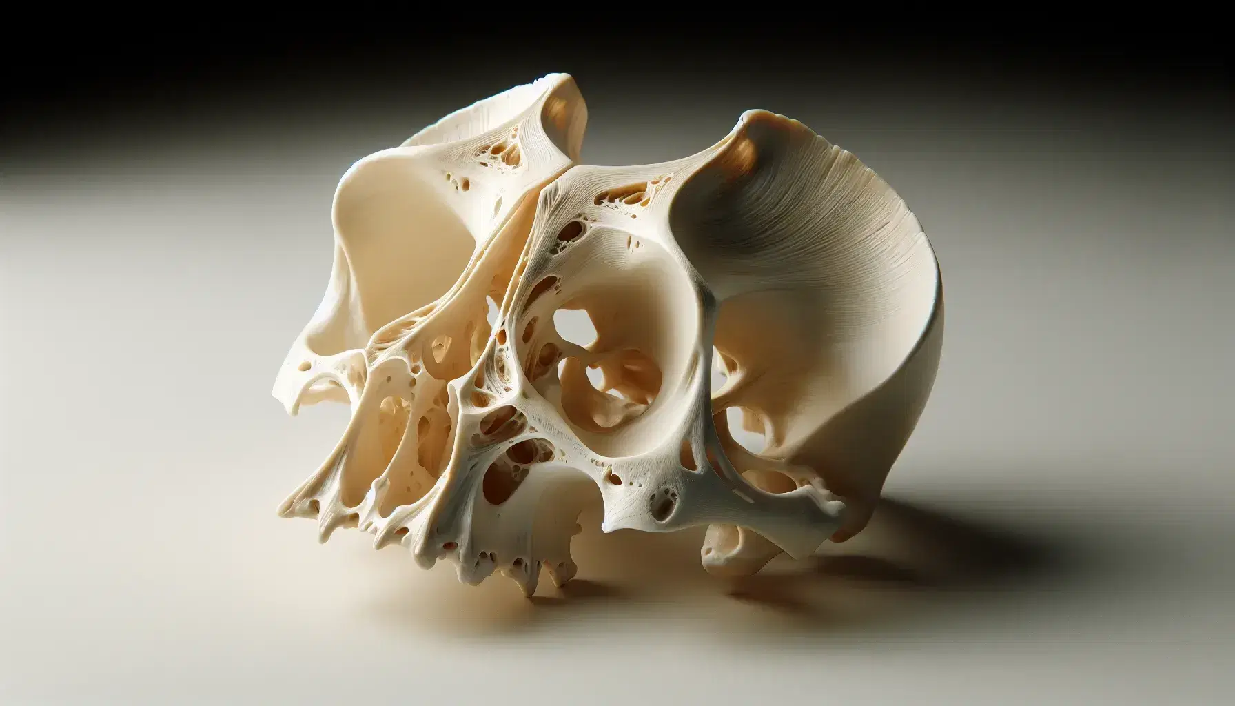 Modelo anatómico tridimensional del hueso esfenoides humano en vista anterolateral, destacando su cuerpo, alas mayores y menores y procesos pterigoideos sobre fondo neutro.