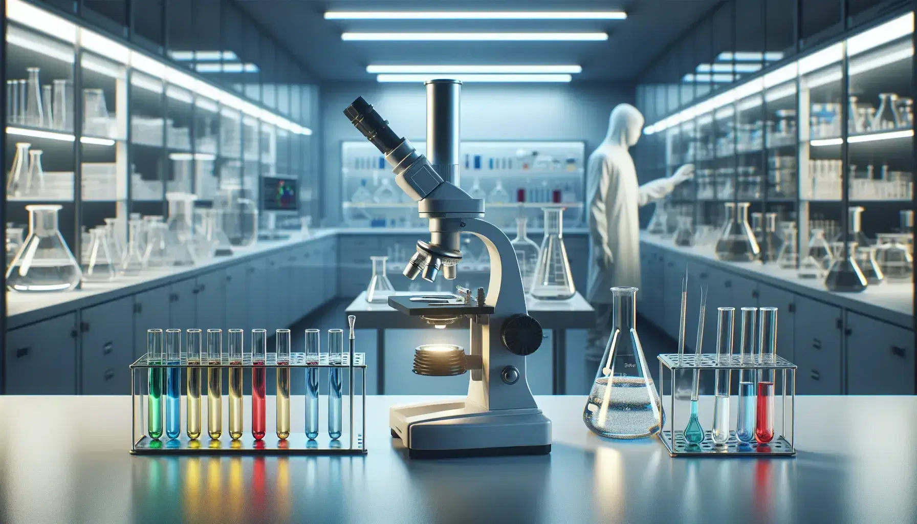 Laboratorio científico moderno con tubos de ensayo de colores, microscopio y estantes con material de laboratorio, y un investigador de espaldas.