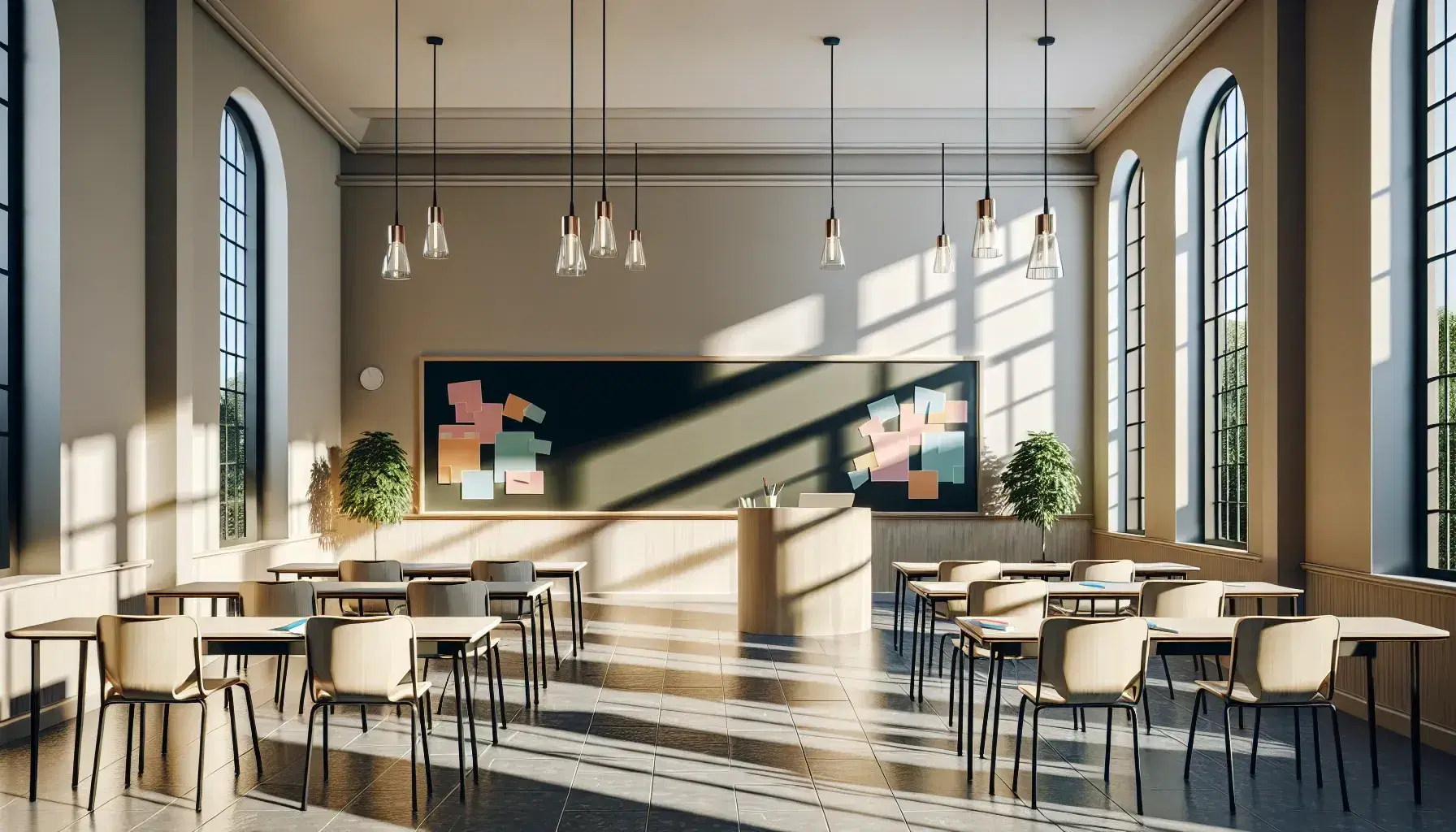 Aula espaciosa con mesas en forma de 'U', sillas de plástico, pizarra negra vacía, podio de madera y plantas, iluminada por luz natural.