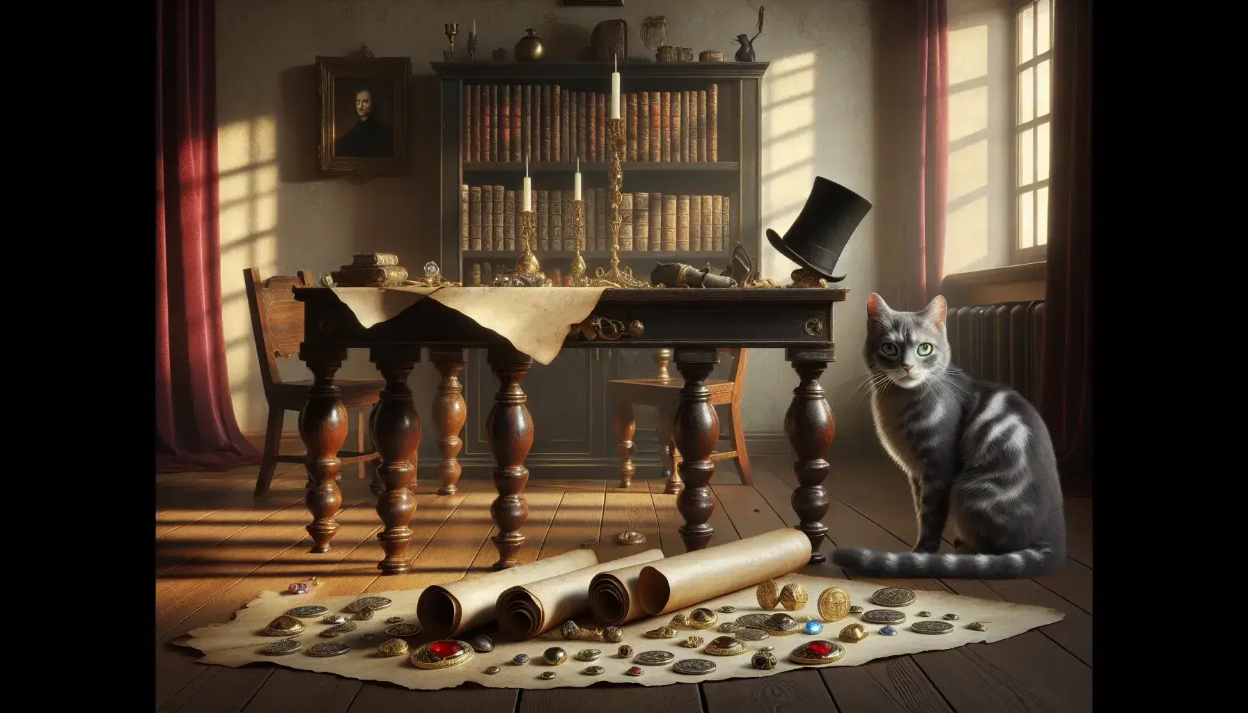 Escena de sala de estar antigua con mesa de madera oscura, pergamino, monedas de oro, joyas, gato rayado y sombrero sobre silla, iluminada por ventana con cortinas rojas.