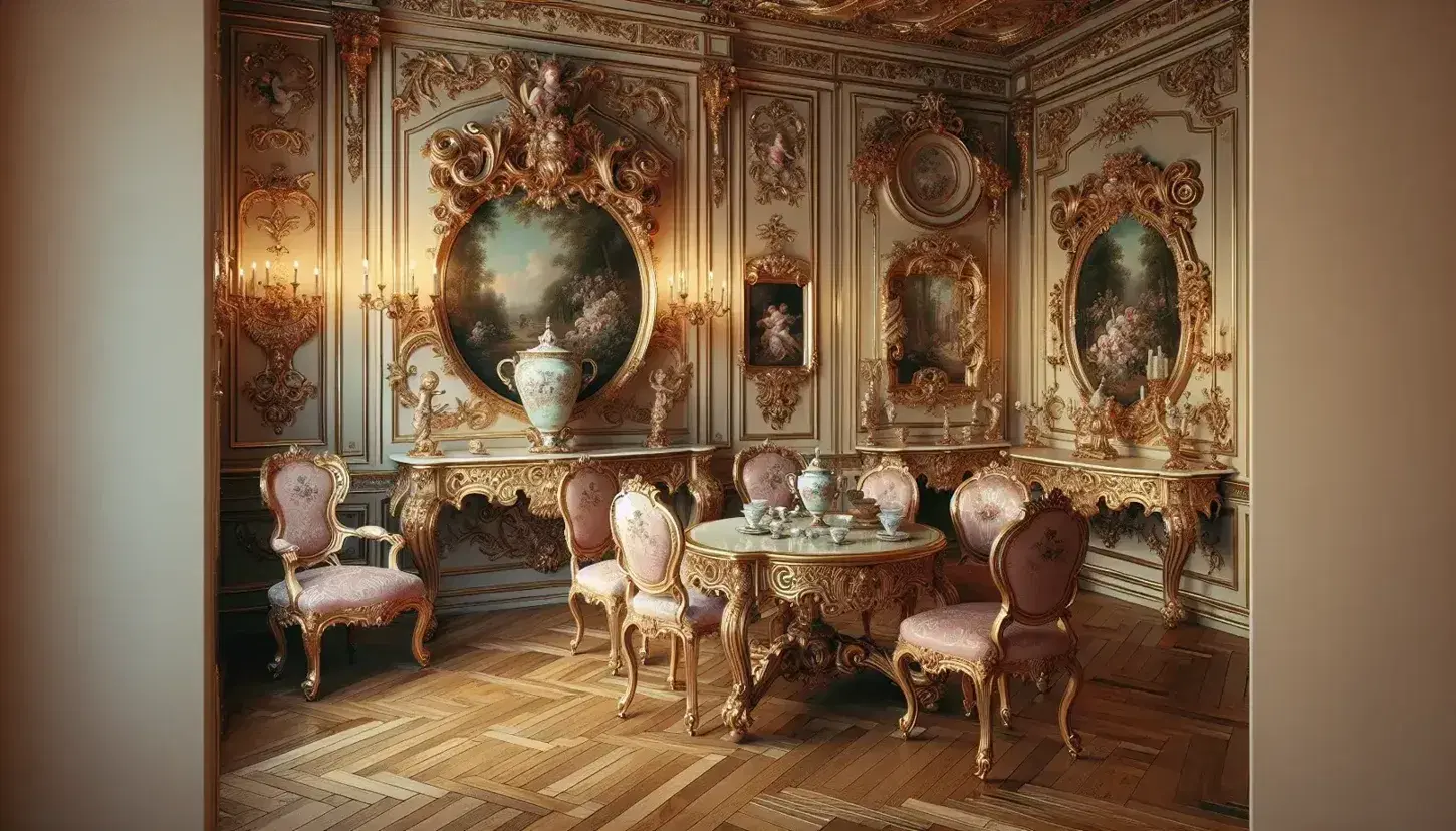 Interno di una sala in stile rococò con pareti decorate, specchi dorati, tavolo ovale centrale, sedie in damasco rosa e soffitto affrescato.