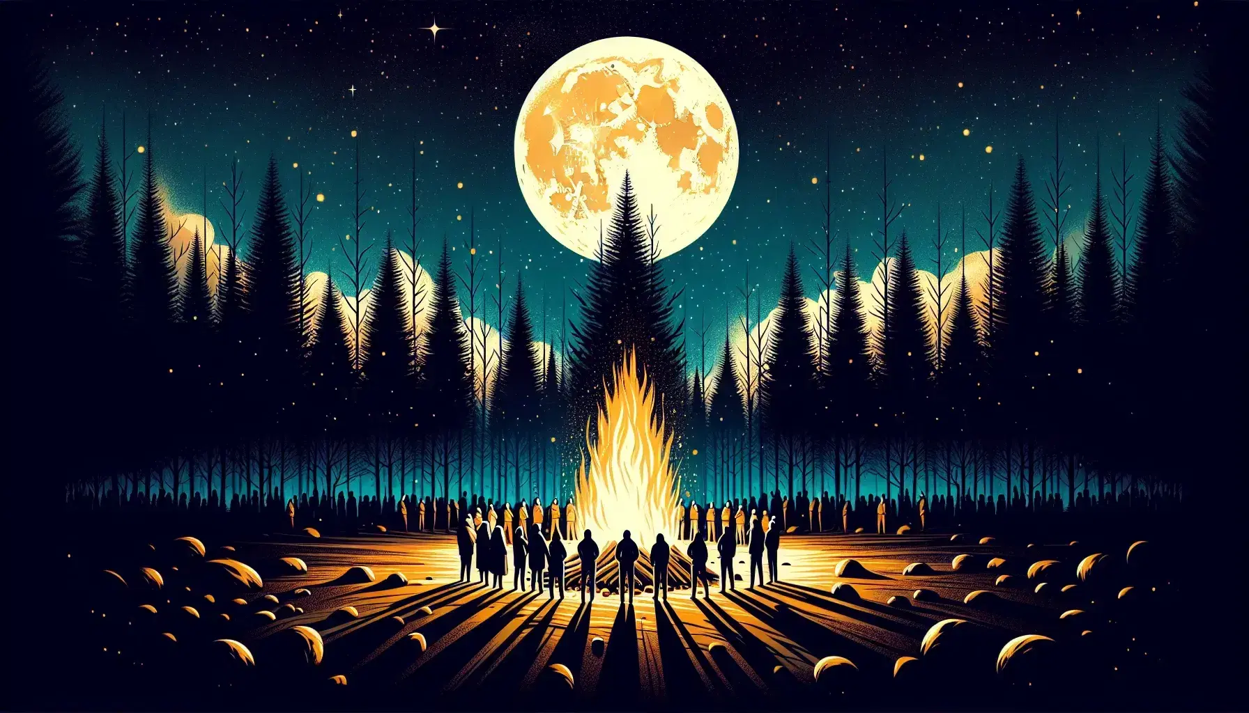 Noche estrellada con luna llena iluminando un grupo de personas alrededor de una fogata alta, rodeados de árboles oscuros y objetos en el suelo.