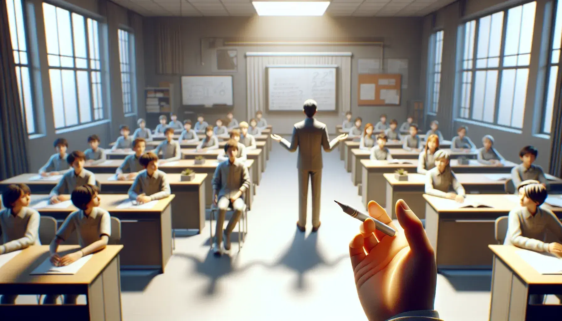 Teacher engaging with students in a semi-circular classroom setup, with some raising hands and one holding a whiteboard, ready to write.