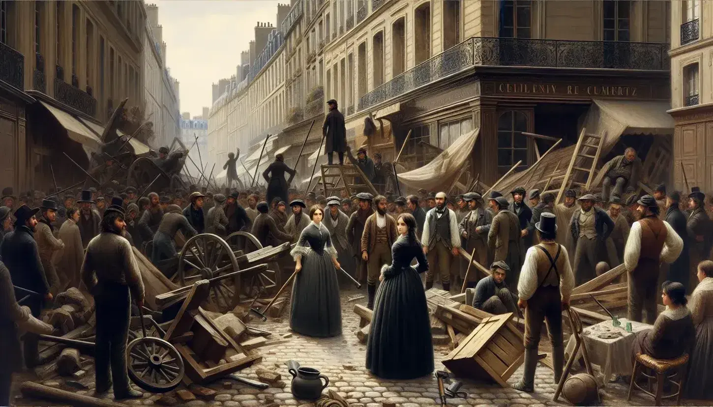 19th century Parisian street scene during the Revolution of 1848, with citizens in period dress and improvised barricades.
