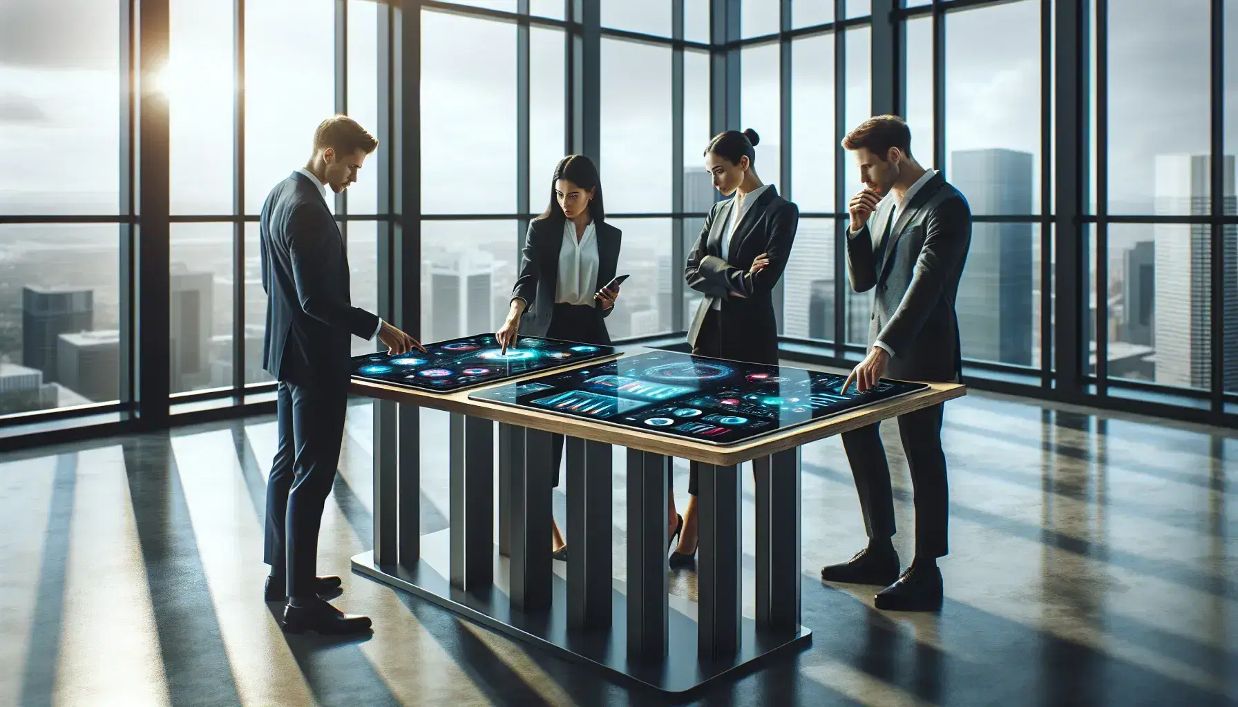 Tres profesionales en oficina iluminada discuten datos en tablets y laptop sobre mesa moderna, con edificios al fondo a través de grandes ventanas.