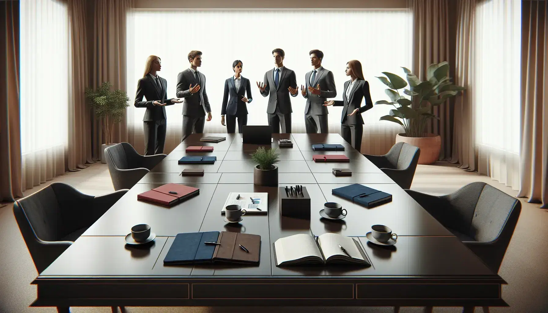 Grupo de profesionales en reunión de trabajo alrededor de una mesa con portátil y libretas, en una oficina iluminada naturalmente.