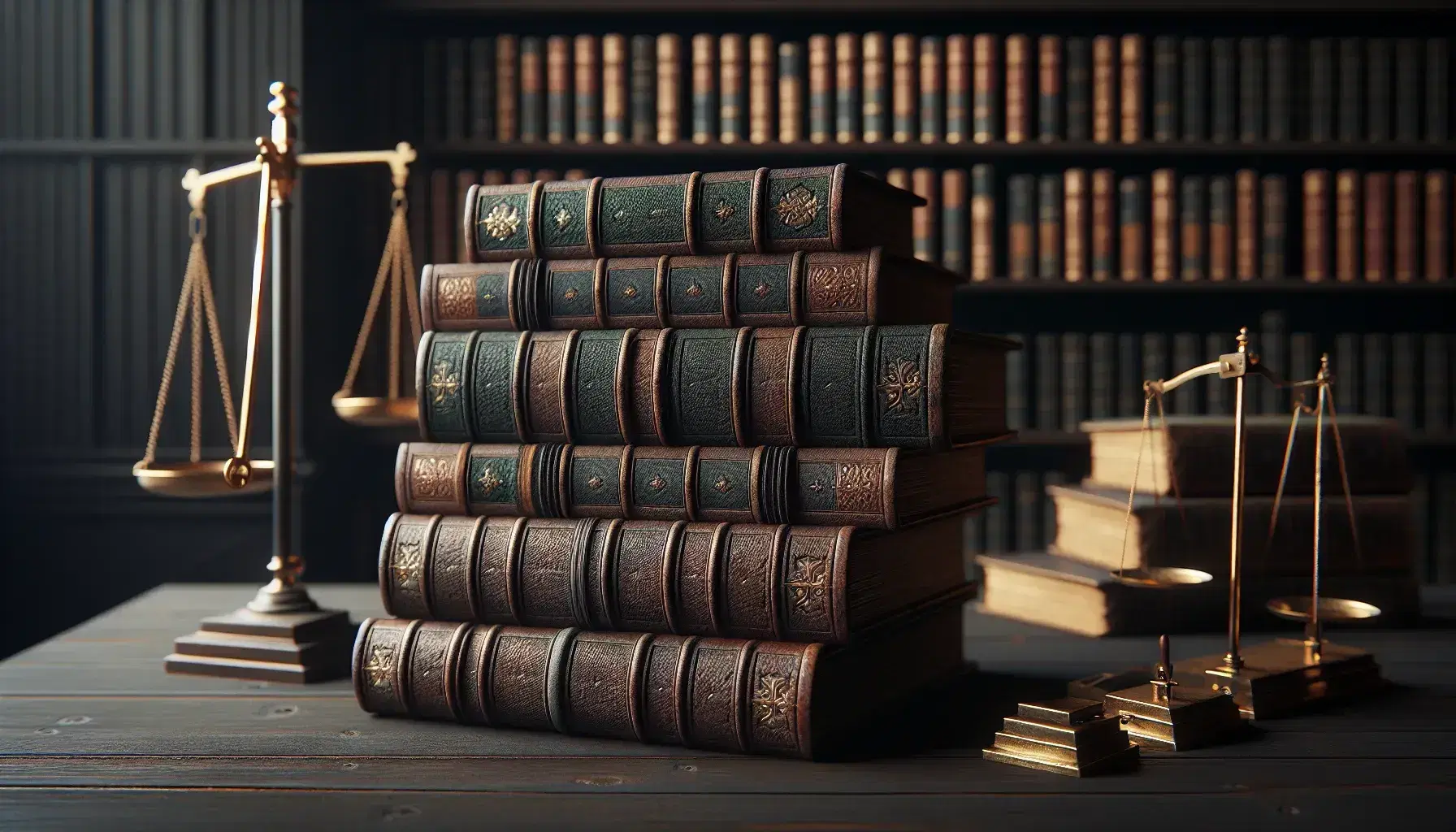 Libros antiguos encuadernados en cuero apilados con esquinas reforzadas y balanza de dos platos en primer plano, en biblioteca clásica.