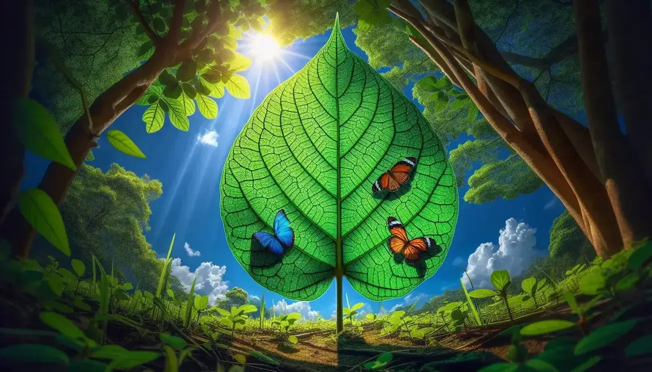 Hoja verde con textura detallada iluminada por el sol, cielo azul con nubes y mariposas naranja y azul posadas, sobre fondo de árbol y césped.
