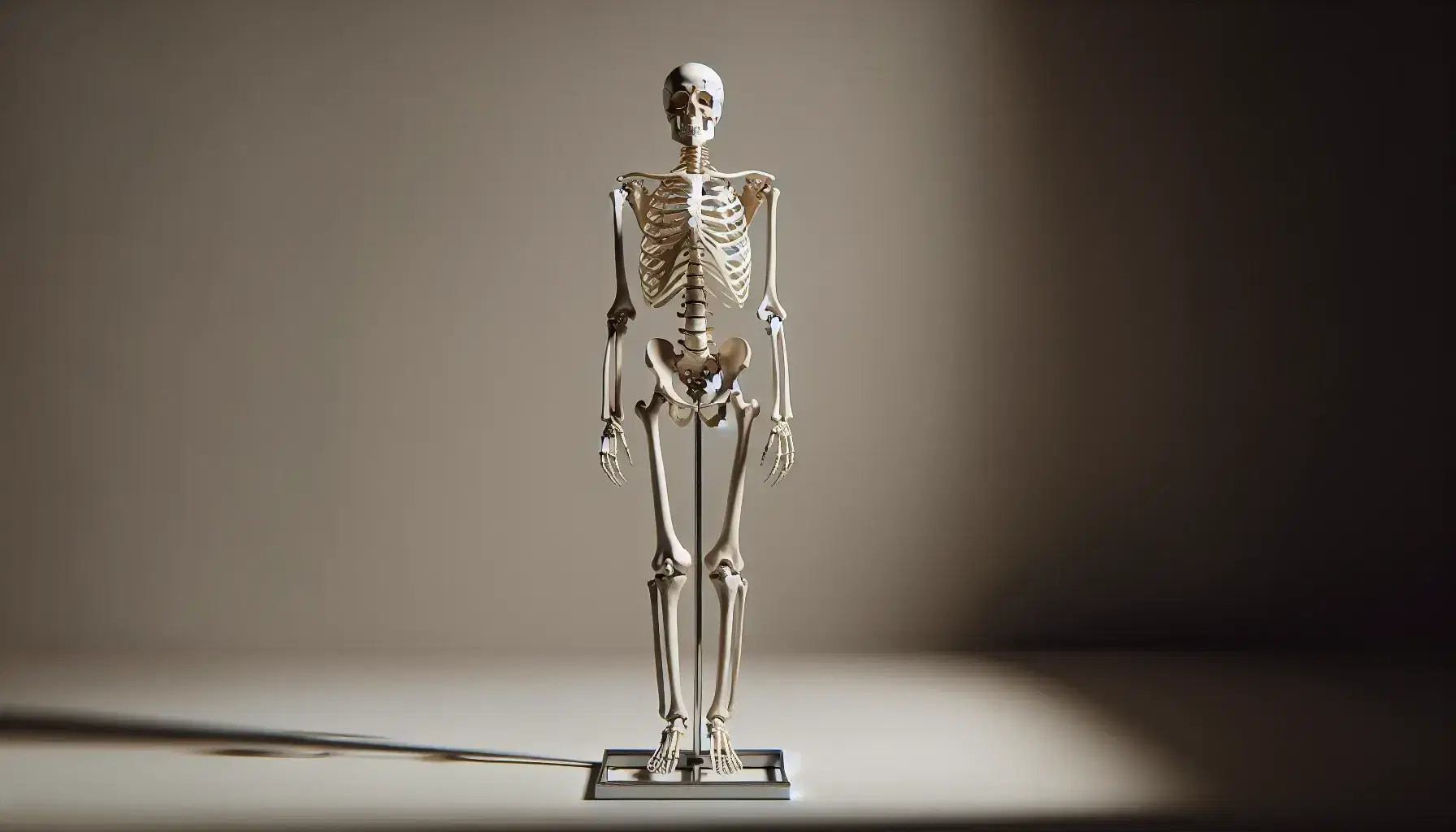 Scheletro umano completo montato su supporto metallico in posizione eretta con dettagli anatomici visibili su sfondo neutro.