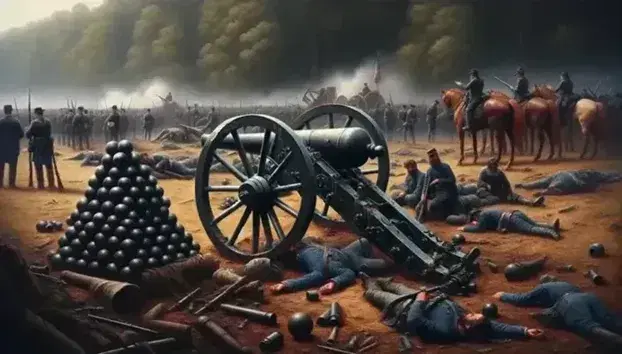 Civil War battlefield with cannon and cannonballs in foreground, fallen soldiers and dead horse on brown ground and trampled grass, background of trees and smoke.