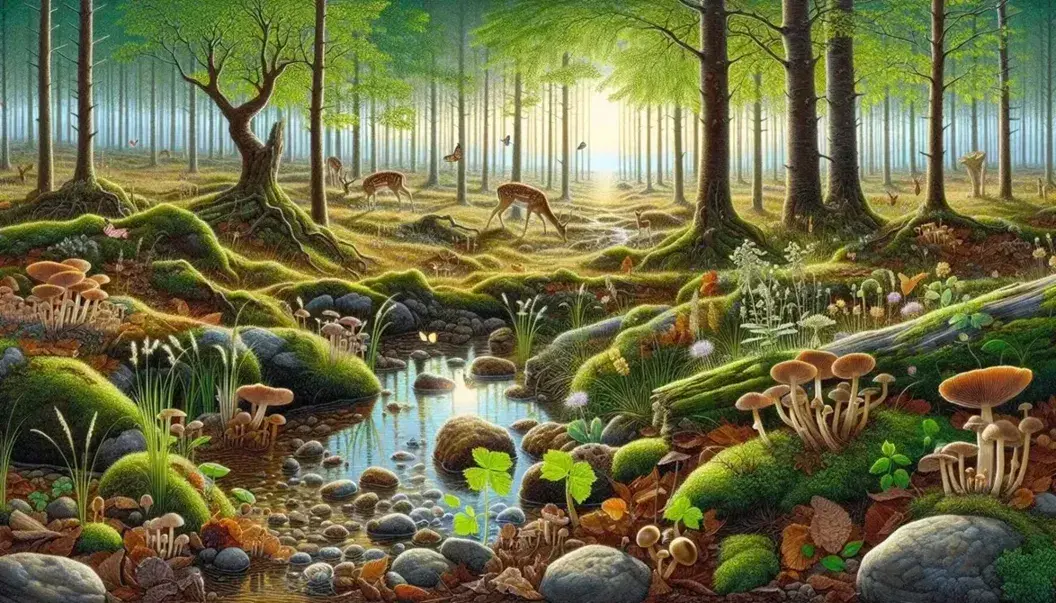 Bosque con suelo de hojas secas, hongos marrones, arroyo serpenteante, ciervo bebiendo agua, árboles frondosos y flores silvestres bajo un cielo azul.