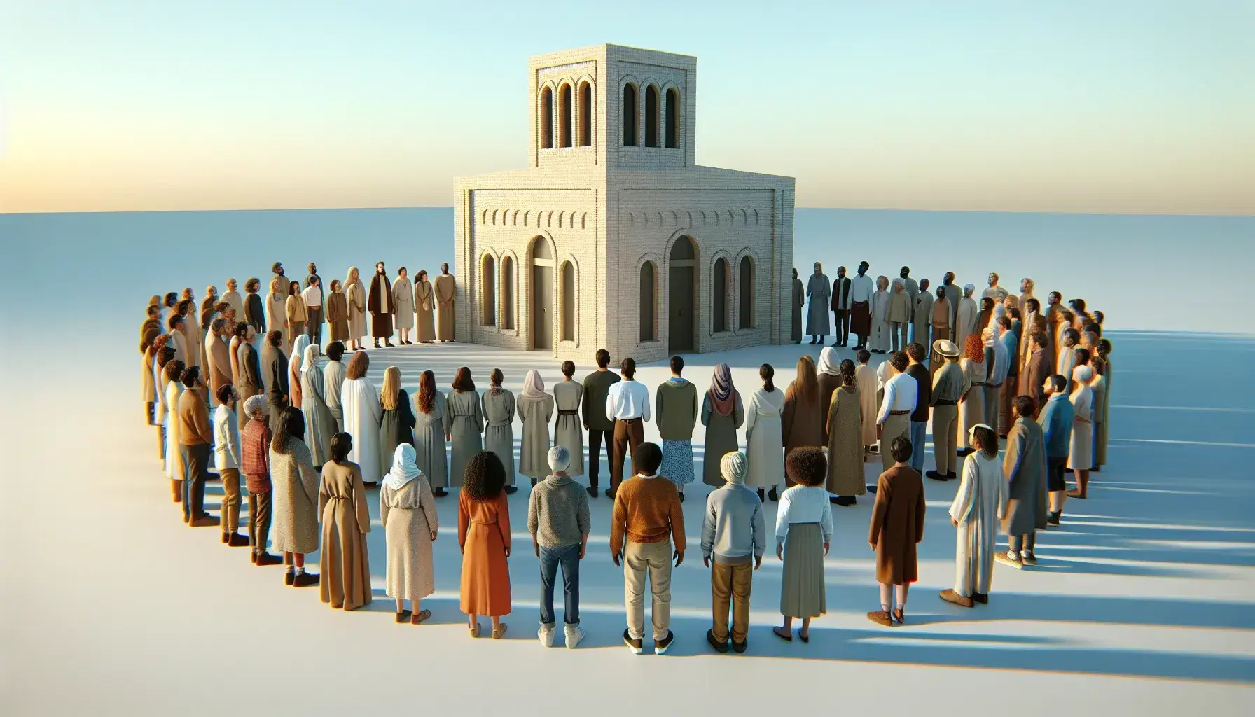 Multi-ethnic group in semicircle in front of neutral building without religious symbols, under shaded sky suggesting sunrise or sunset.