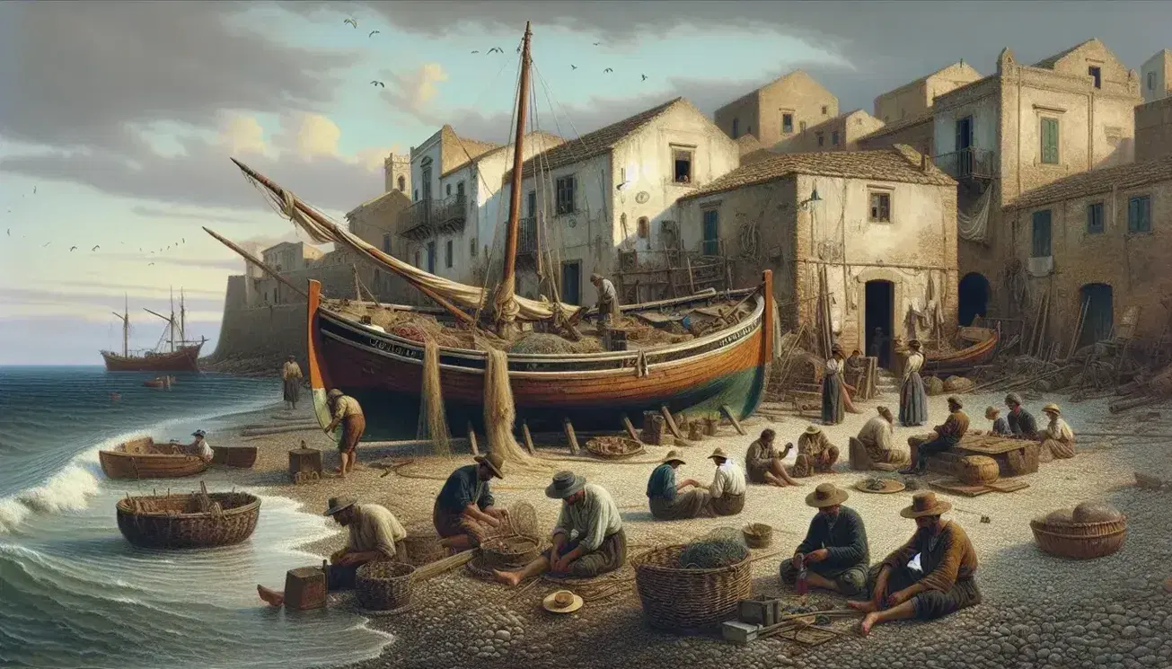 Scena di vita quotidiana in un villaggio di pescatori siciliani del XIX secolo, con barche, case rurali e abitanti intenti nel lavoro di pesca.