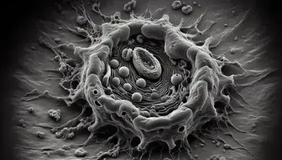 Micrografía electrónica de alta resolución mostrando una célula con orgánulos como mitocondrias y núcleo, rodeada de estructuras filamentosas.