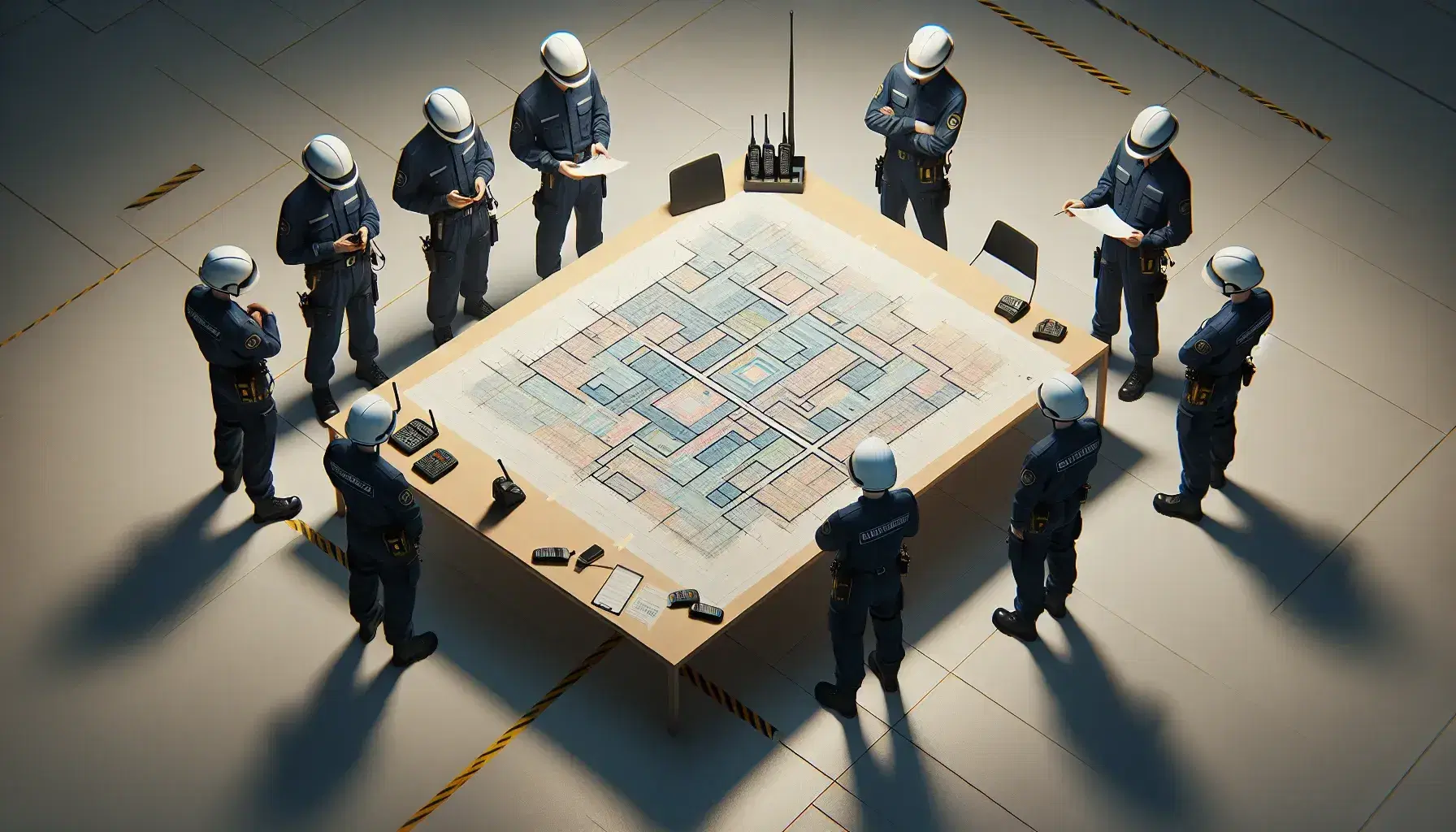 Equipo de cinco profesionales en uniformes azules y cascos blancos analiza planos en mesa con teléfonos y cascos adicionales en ambiente laboral iluminado.