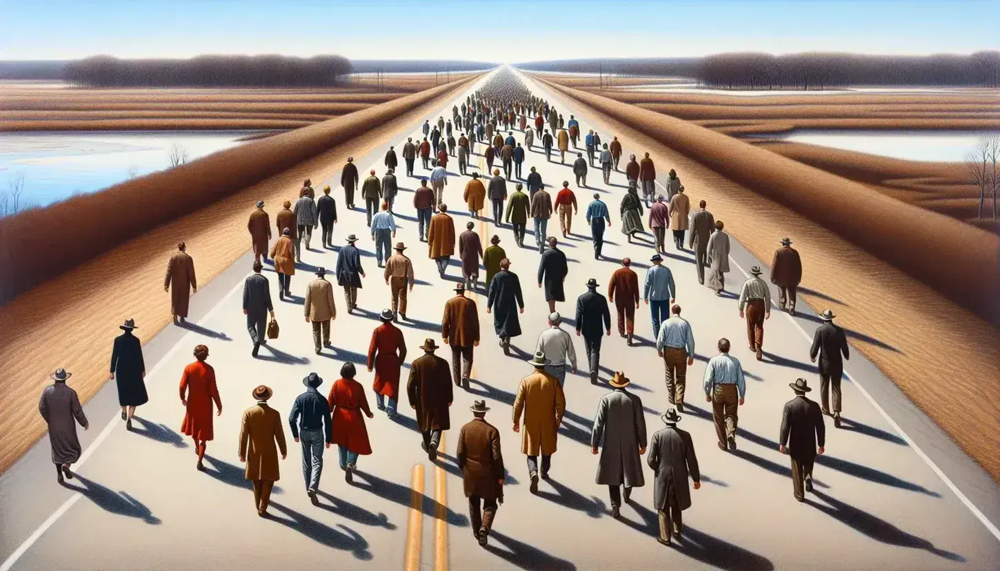 Diverse group of people walking across a wide road lined with grass and bare trees under a clear blue sky with wispy clouds.