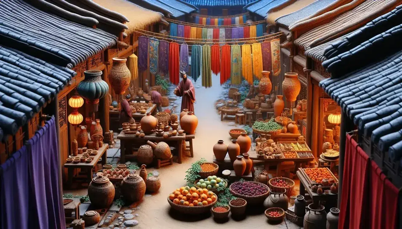 Scena vivace di un mercato antico cinese con bancarelle di vasi in terracotta, frutta fresca, tessuti colorati e artigiano al lavoro.