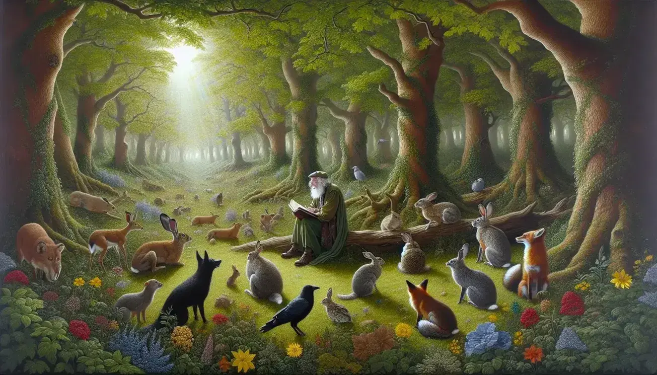 Scena incantata in foresta con anziano narratore su tronco e animali assortiti attenti, tra luce solare e fiori selvatici.