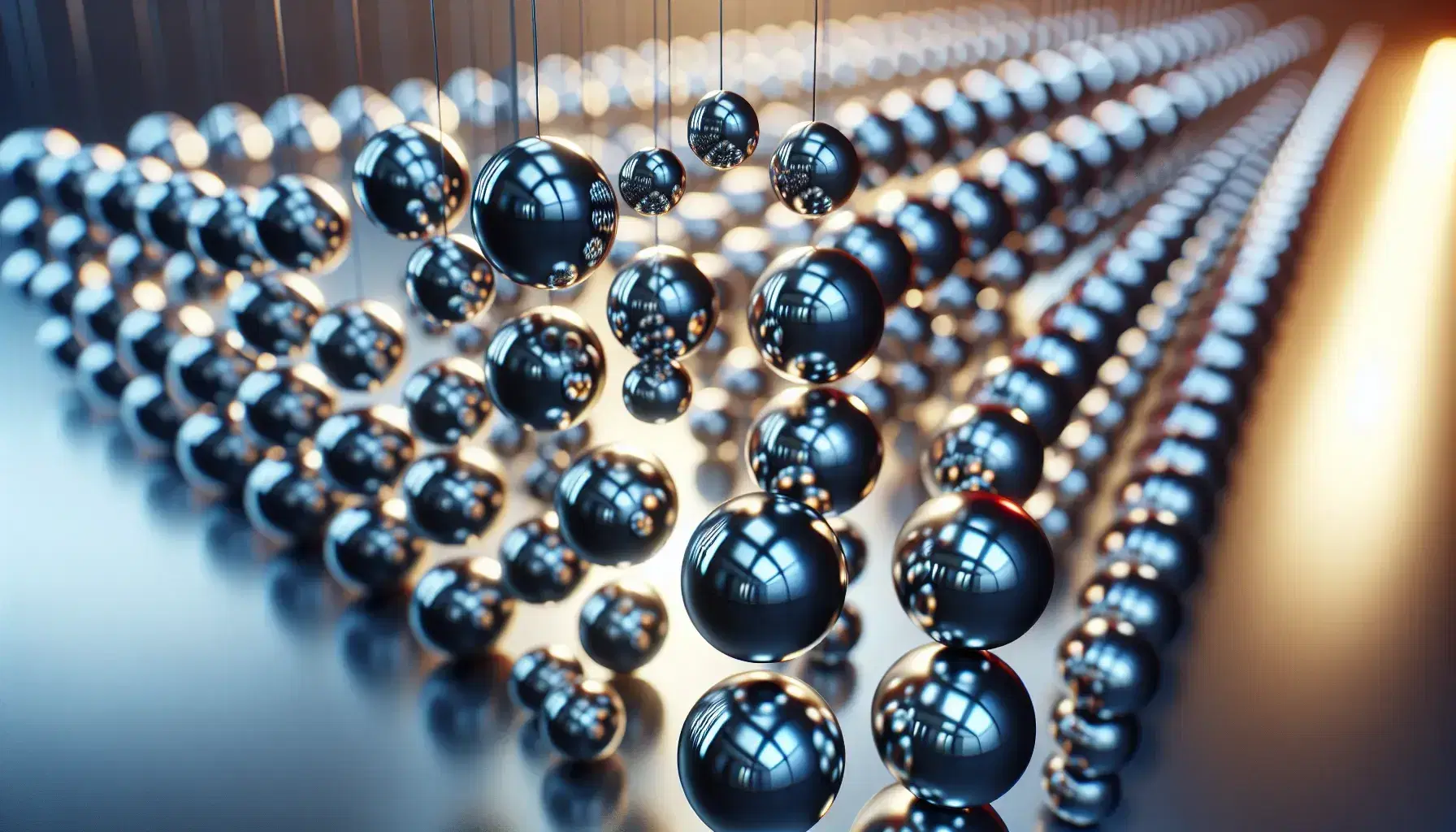 Esferas metálicas suspendidas en secuencia con reflejos brillantes en un fondo desenfocado, evocando energía y potencial.