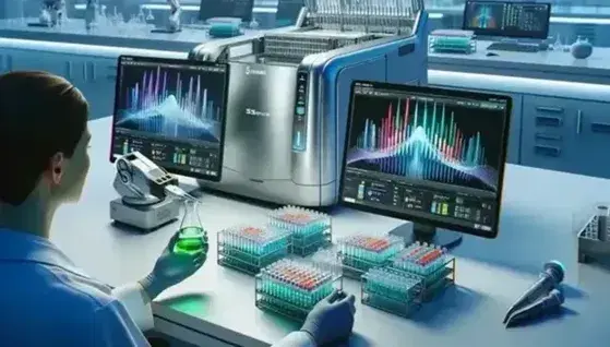 Modern laboratory featuring a sleek high-throughput sequencing machine, colorful liquid samples, advanced robotic pipetting system, and a scientist analyzing a green specimen.