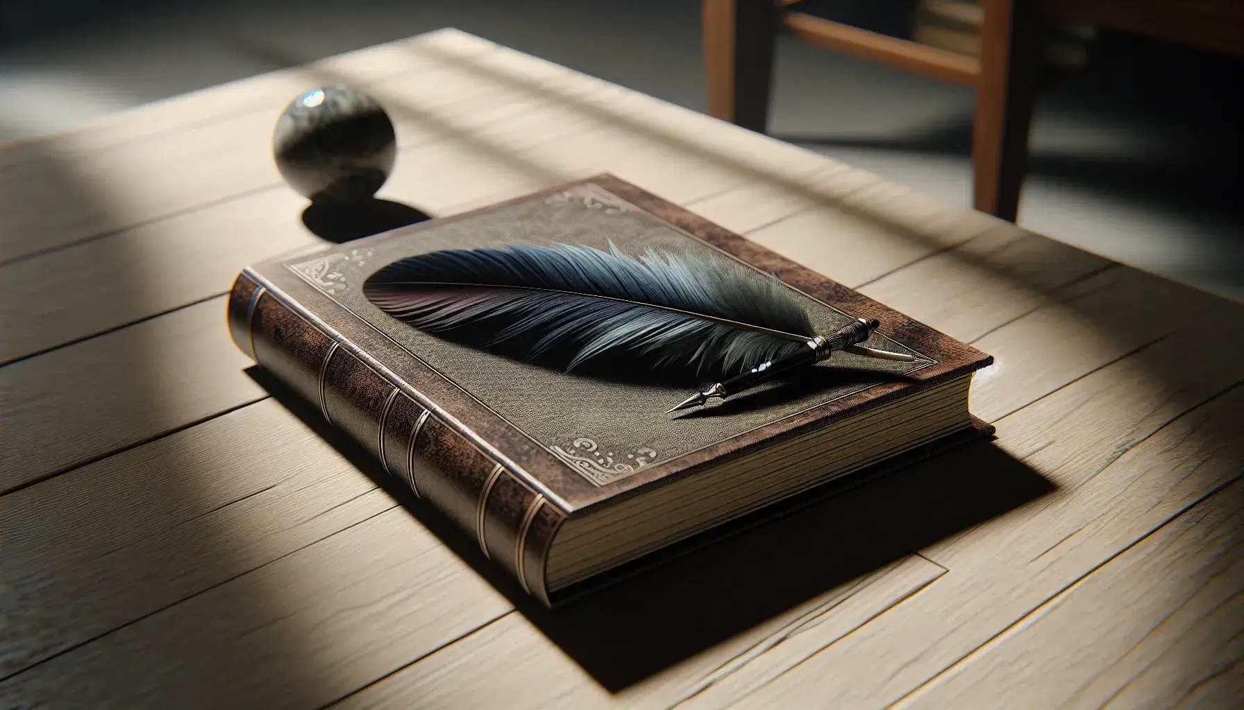 Libro antiguo de tapa de cuero marrón oscuro abierto sobre mesa de madera, con pluma negra y punta dorada y esfera de piedra gris al lado, en ambiente iluminado y sereno.