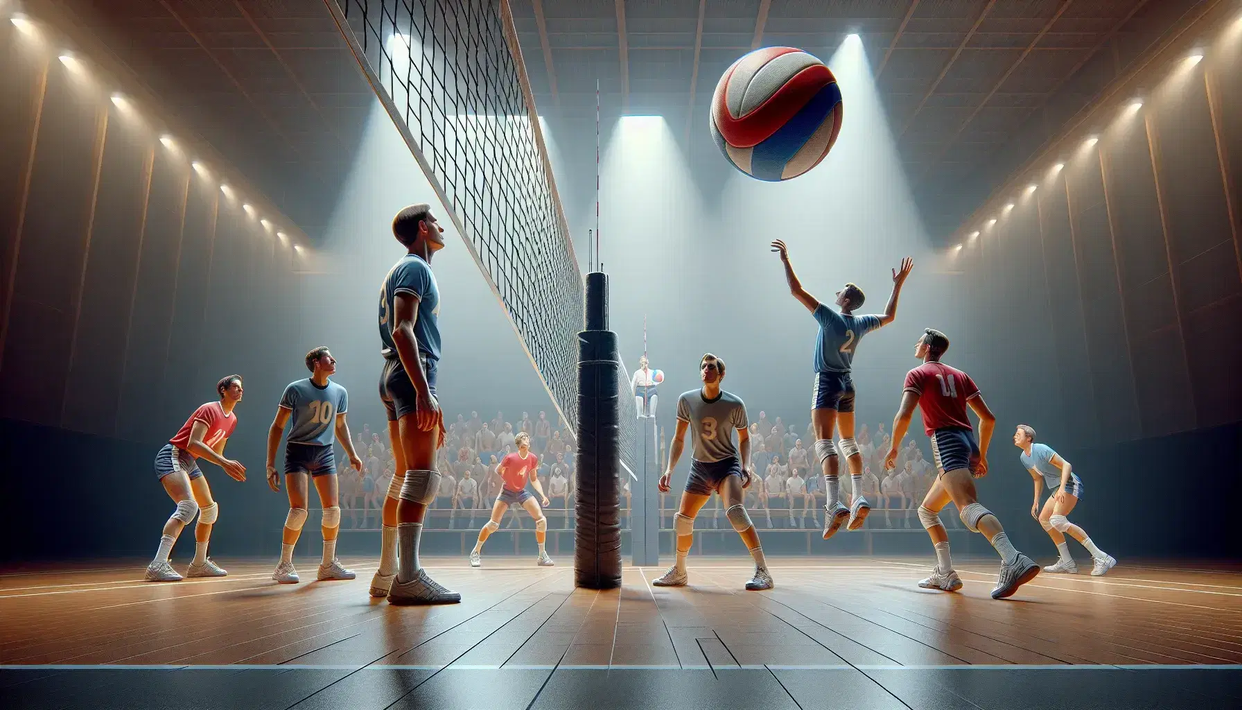 Partita di pallavolo in palestra con palla sospesa, giocatori in maglie rosse e blu in azione e arbitro su piattaforma.