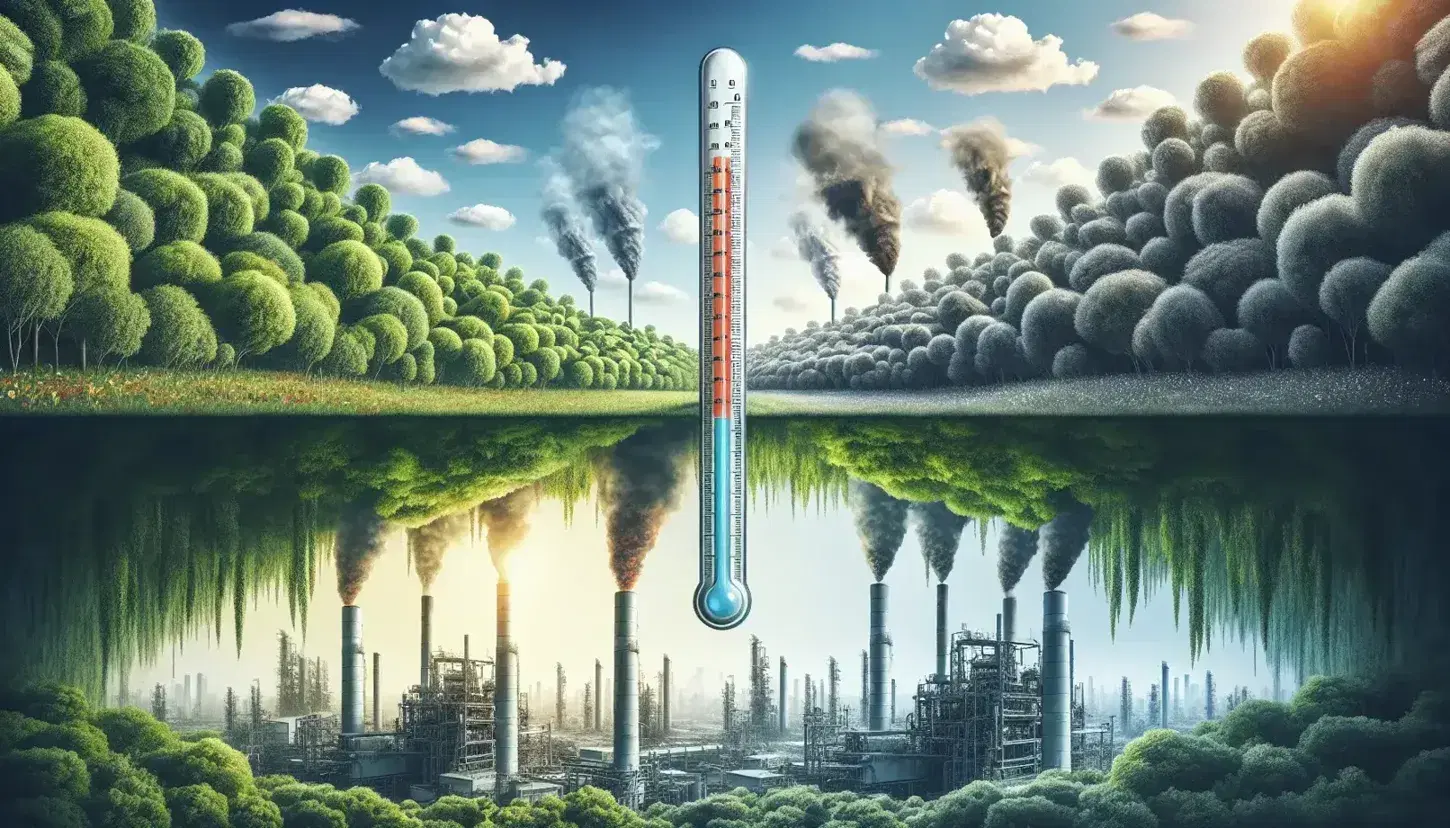 Contrasto tra foresta lussureggiante e industria inquinante con termometro che segnala alta temperatura.