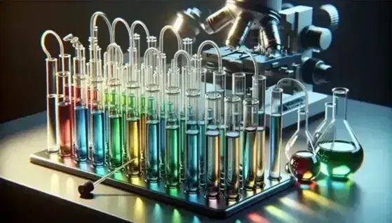 Serie di provette in vetro con tappi e tubicini su banco laboratorio, contenenti liquidi colorati arcobaleno, sfondo con microscopio sfocato.