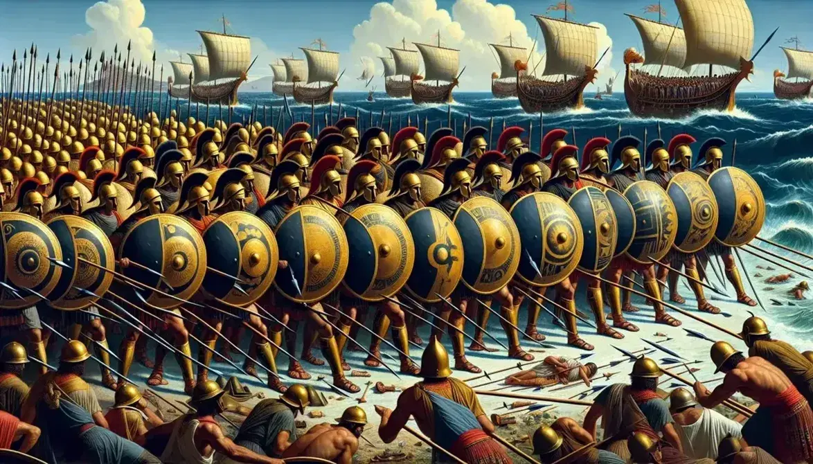 Scena di battaglia della Guerra del Peloponneso con opliti in formazione falange, scudi decorati, triremi in mare e dettagli di combattimento in primo piano.