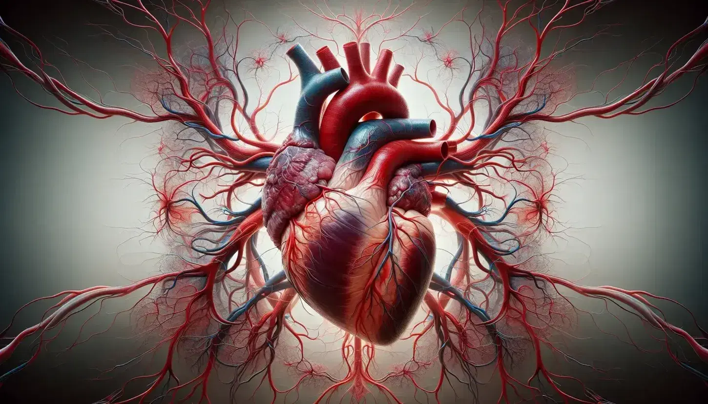 Corazón humano realista en tonos rojos con cámaras, arterias y venas visibles, rodeado de una red de vasos sanguíneos en fondo neutro.