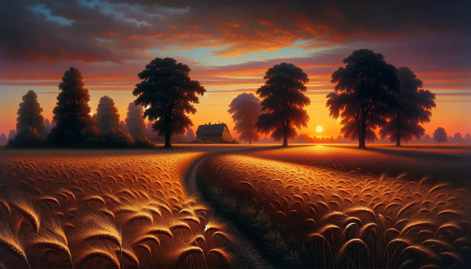 Paesaggio rurale al tramonto con campo di grano dorato, sentiero, alberi in silhouette e cielo arancione-rosa.