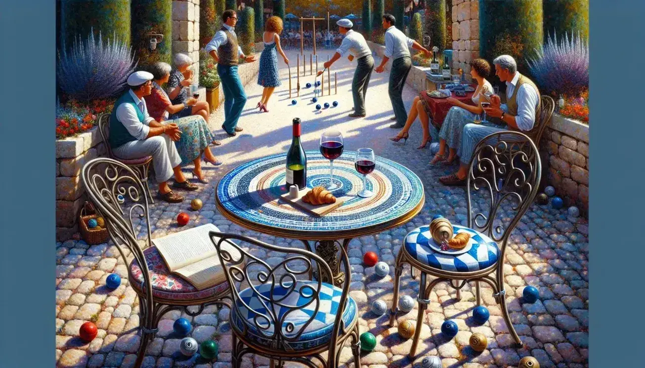 Vibrant French café scene with patrons playing pétanque, a street musician with an accordion, and a table with wine and a croissant.