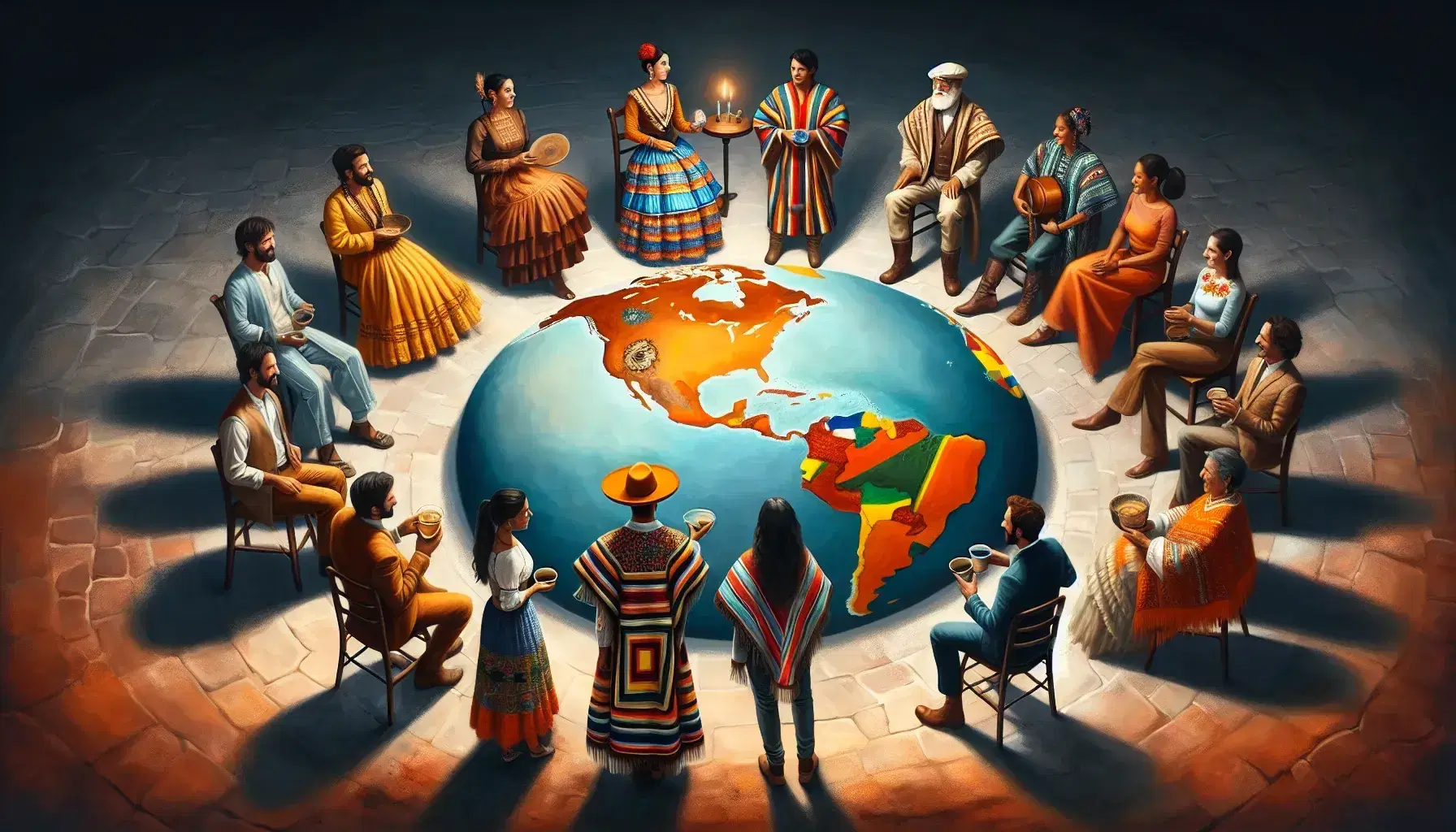 Diverse group in traditional Spanish-speaking attire conversing around a globe highlighting their countries, set against an earth-toned backdrop.