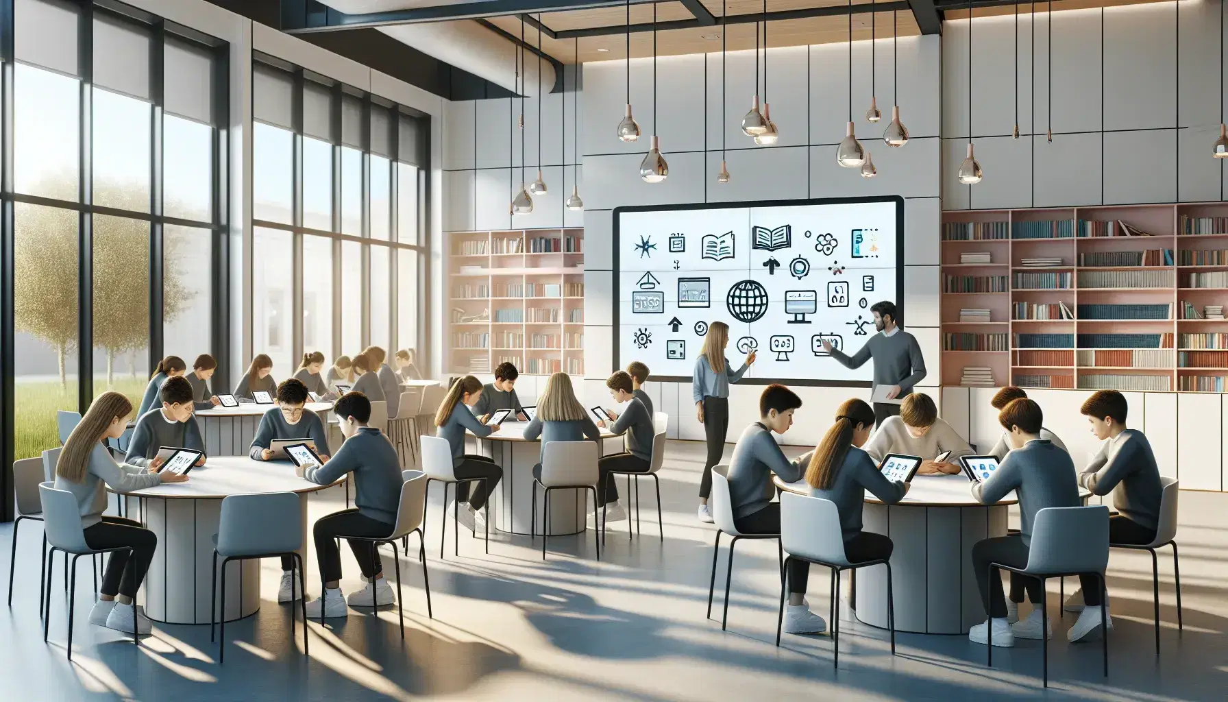 Aula moderna e luminosa con studenti attorno a tavoli rotondi usando tablet e laptop, insegnante spiega al whiteboard interattivo.
