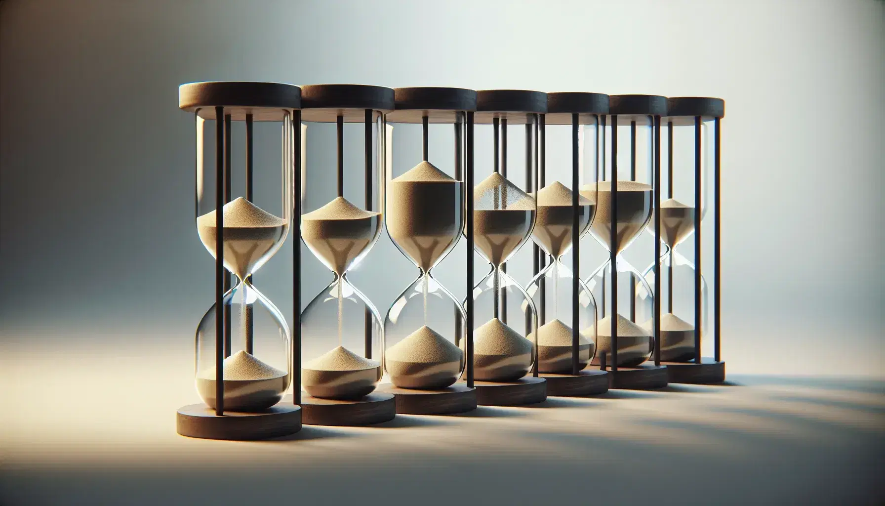 Series of hourglasses in a diagonal row with golden sand flowing from the upper bulb to the lower bulb, background gradient from cream to blue.