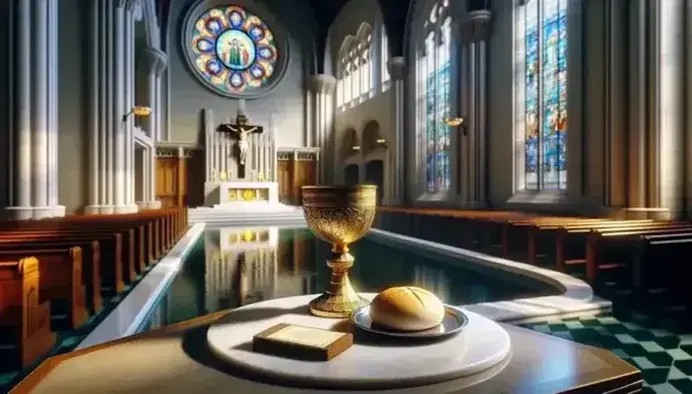 Altare di chiesa con calice dorato inciso e pane su piatto d'argento, piscina battesimale in marmo e crocifisso in legno sullo sfondo.