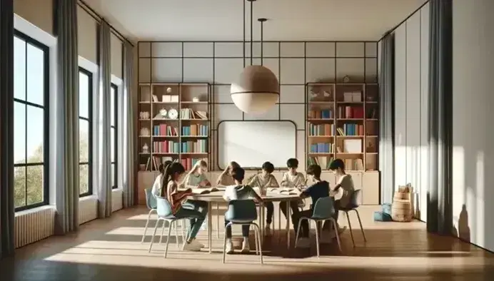 Aula escolar moderna con estudiantes diversos concentrados en tareas, mesa redonda central, pizarra vacía, estantería con libros y objetos escolares, ventana con cortinas azules y silla plástica azul vacía.