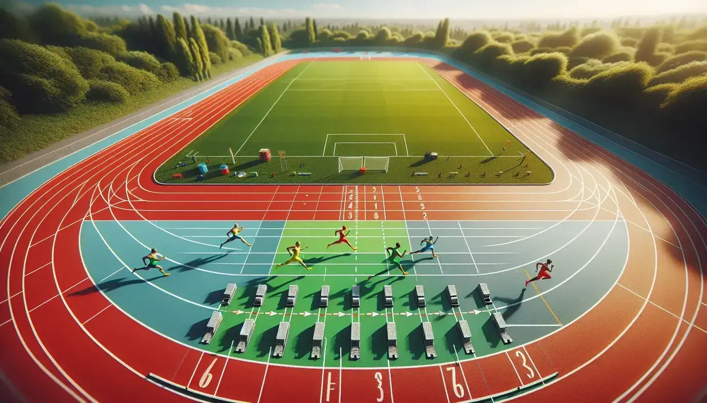 Pista di atletica rossa con quattro corridori in gara e blocchi di partenza grigi, circondata da alberi sfocati e cielo azzurro.