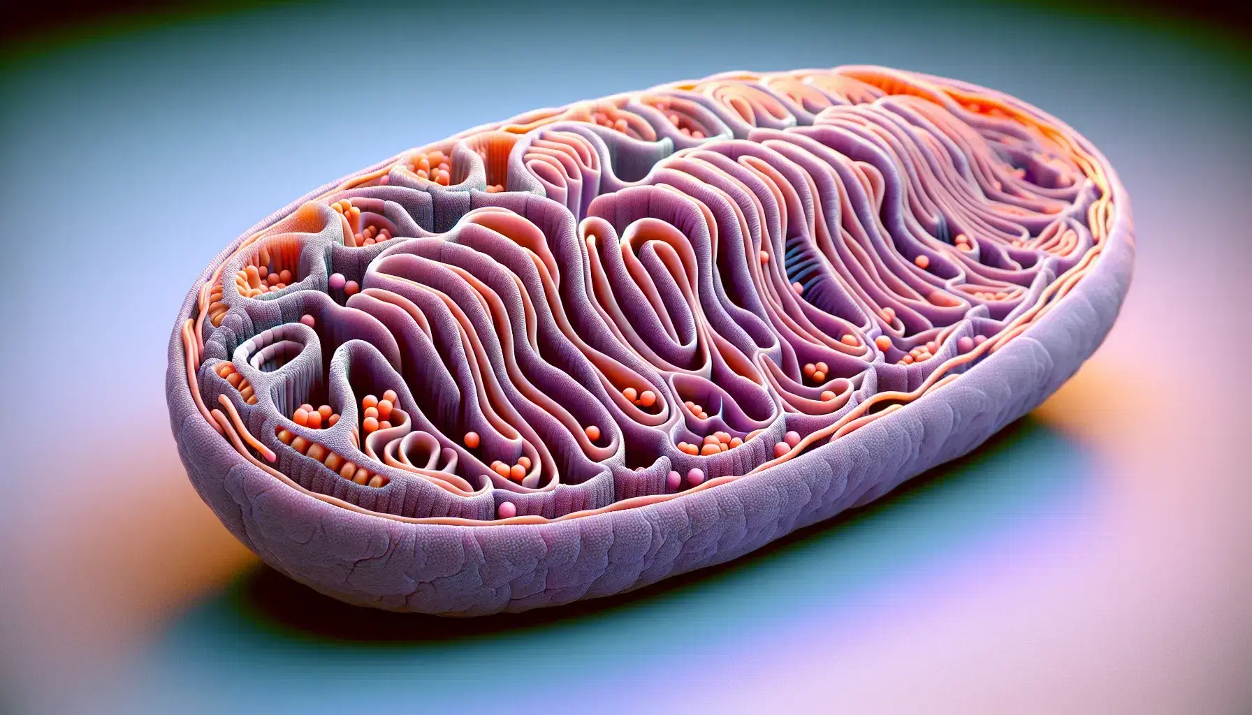 Detailed three-dimensional model of a mitochondrion with double membrane and internal folds called cristae on a blue-white gradient background.
